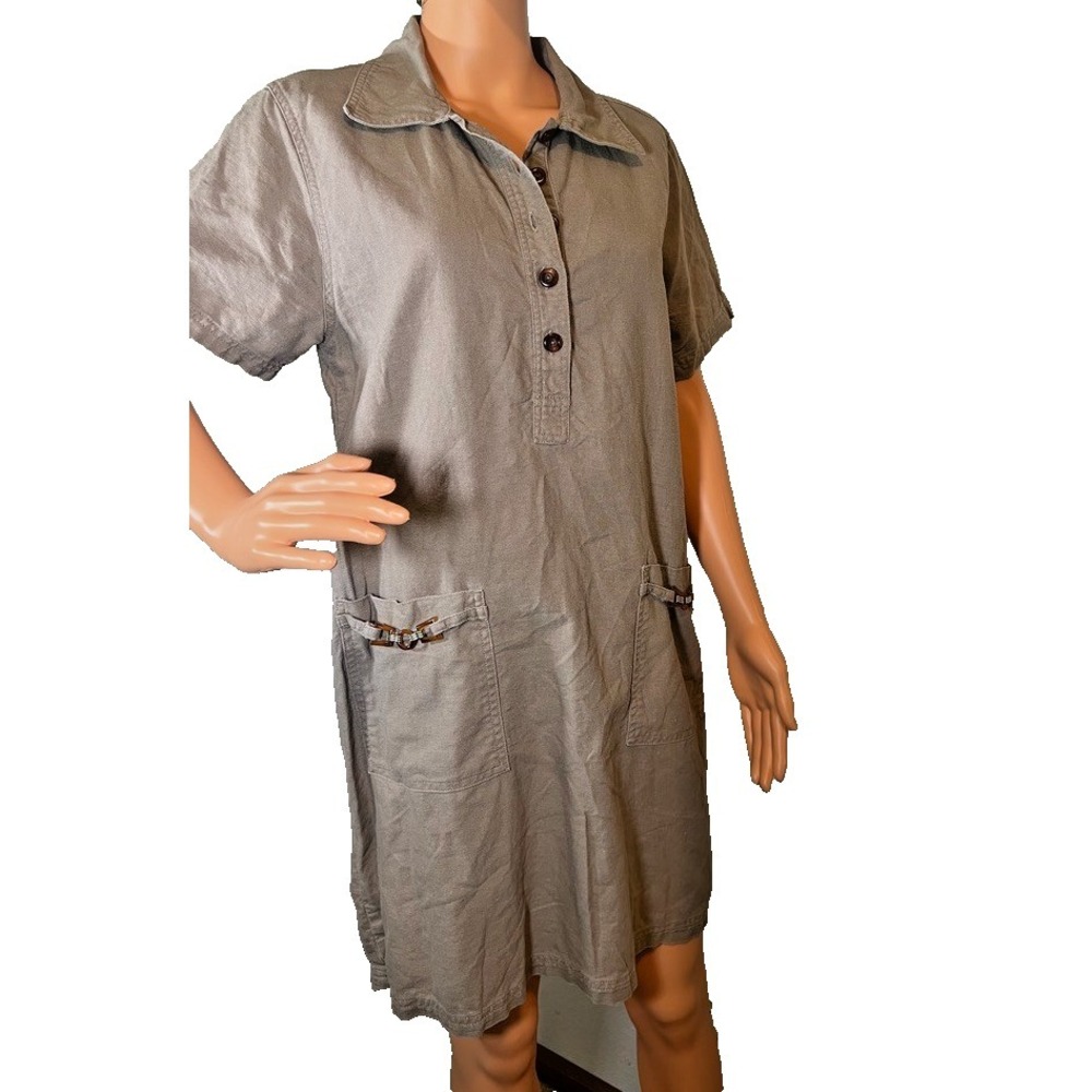 Erika Linen Blend Shirt Dress Neutral Taupe Button Front Casual Coastal Beachy M